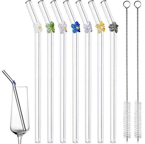 7-Pack Reusable Colored Flower Glass Straws with 2 Cleaning Brushes, Durable Thick Glass Straws, ... | Amazon (US)