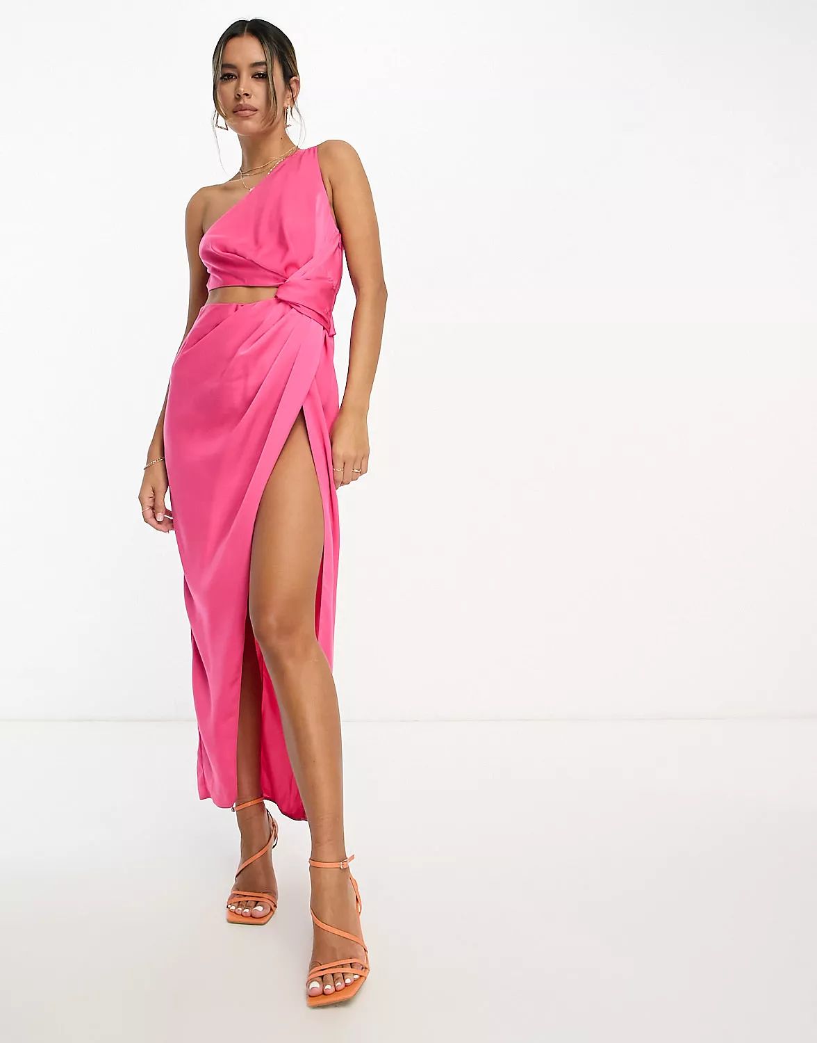 ASOS DESIGN knot detail midaxi dress with cut out detail in pink | ASOS (Global)