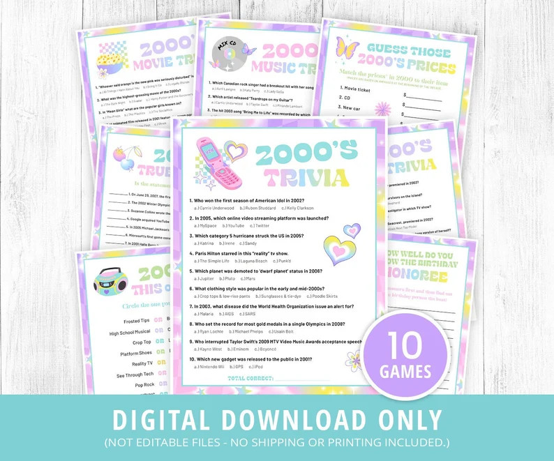 2000s Games Bundle Printable, 2000s Party Games, 2000s Trivia, Y2k 00s Activities, 2000s Party Ga... | Etsy (US)