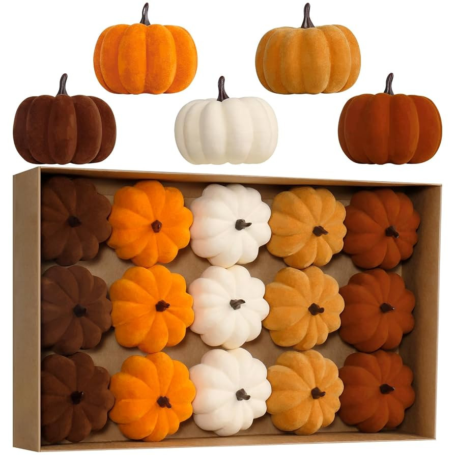 RoseCraft Artificial Flocked Pumpkins, 15PCS Coffee Gold Beige Orange Brown Velvet Foam Faux Pump... | Amazon (US)