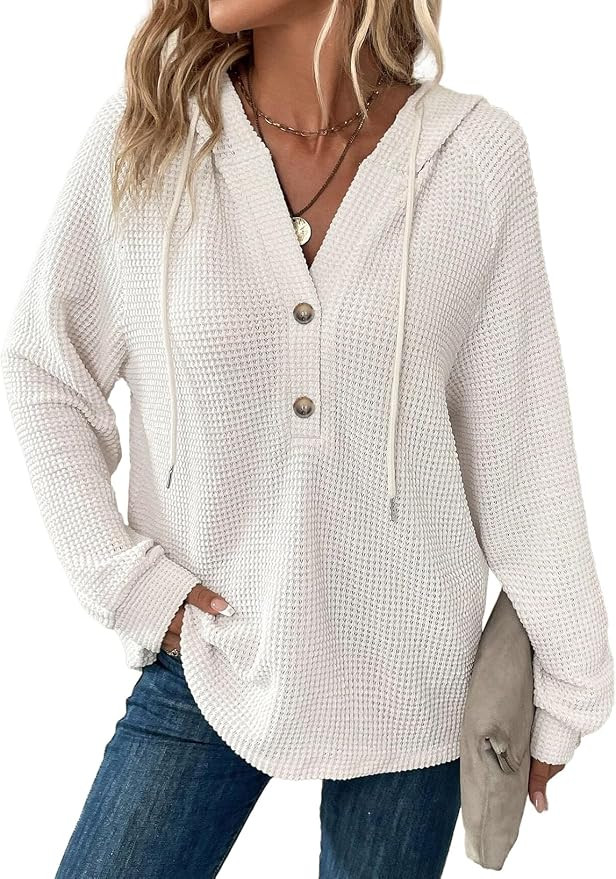 Dokotoo Hoodies for Women Waffle Knit Button V Neck Casual Sweatshirt Tops | Long Sleeve, Drawstr... | Amazon (US)