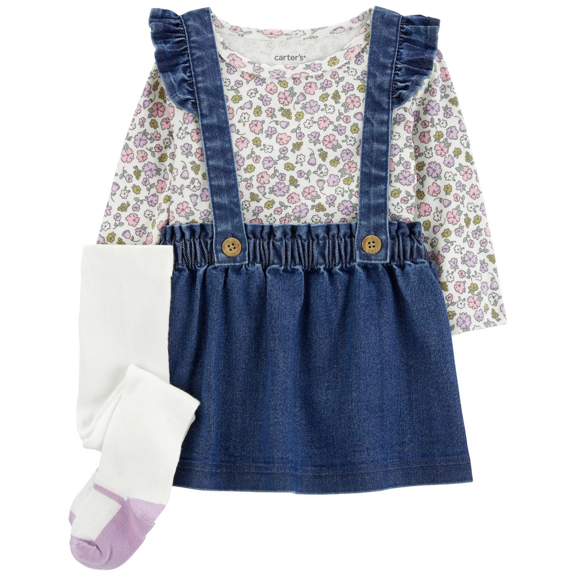 Baby Girl Carter's 3-pc. Floral Long-Sleeve Tee & Chambray Jumper Set | Kohl's