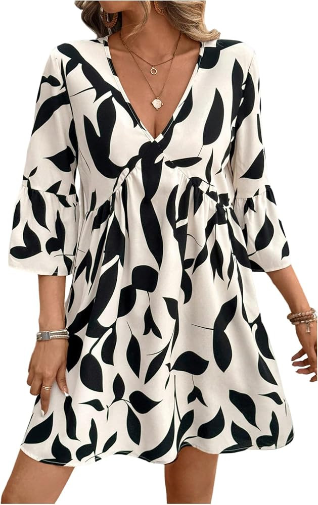 SweatyRocks Women's Printed Ruffle Mini Dresses 3/4 Sleeve V Neck A Line Vacation Beach Dress | Amazon (US)