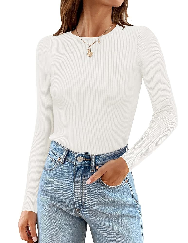ZESICA Women's Long Sleeve Crewneck Shirts 2025 Fall Ribbed Knit Sweater Slim Fitted Casual Basic... | Amazon (US)
