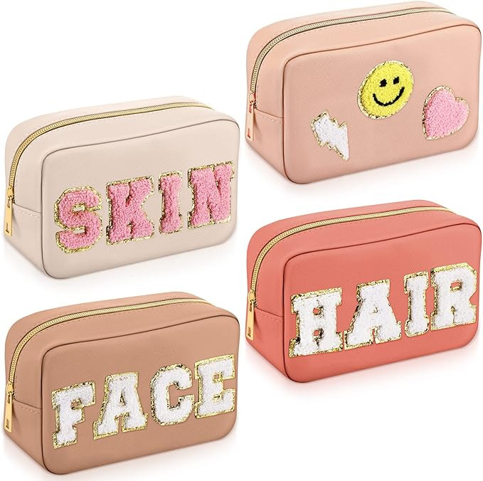 Sanwuta 4 Pcs Chenille Bag Preppy Patch Makeup Bag Cosmetic Bag Chenille Letters Toiletry Bag PU ... | Amazon (US)