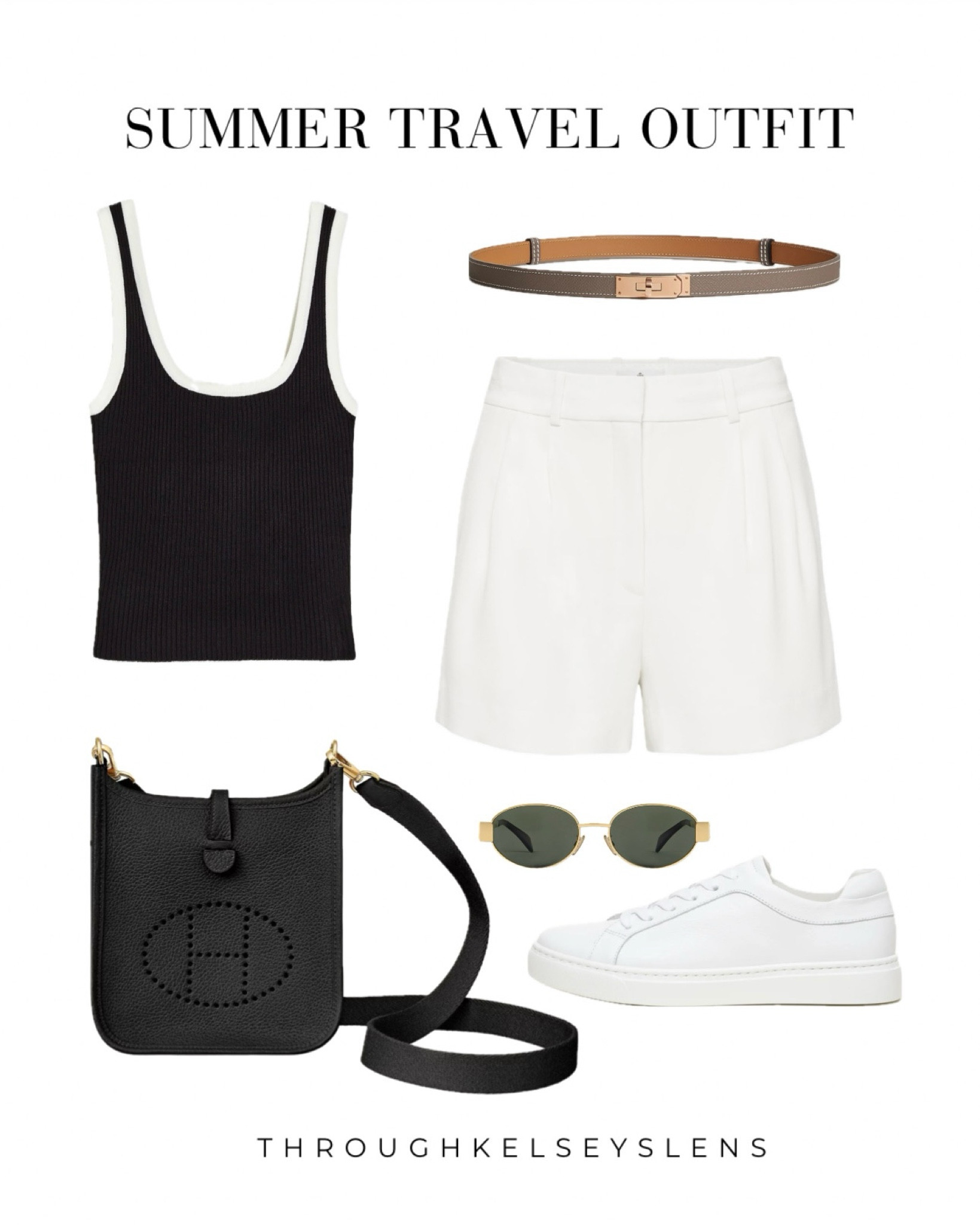 Summer travel outfit
- H&M black and white trim ribbed tank top
- Aritzia white shorts
- Hermes Evelyne TPM in noir 
- white sneakers
- Hermes Kelly belt in etoupe
- Celine Triomphe metal sunglasses

#LTKtravel #LTKeurope #LTKSeasonal