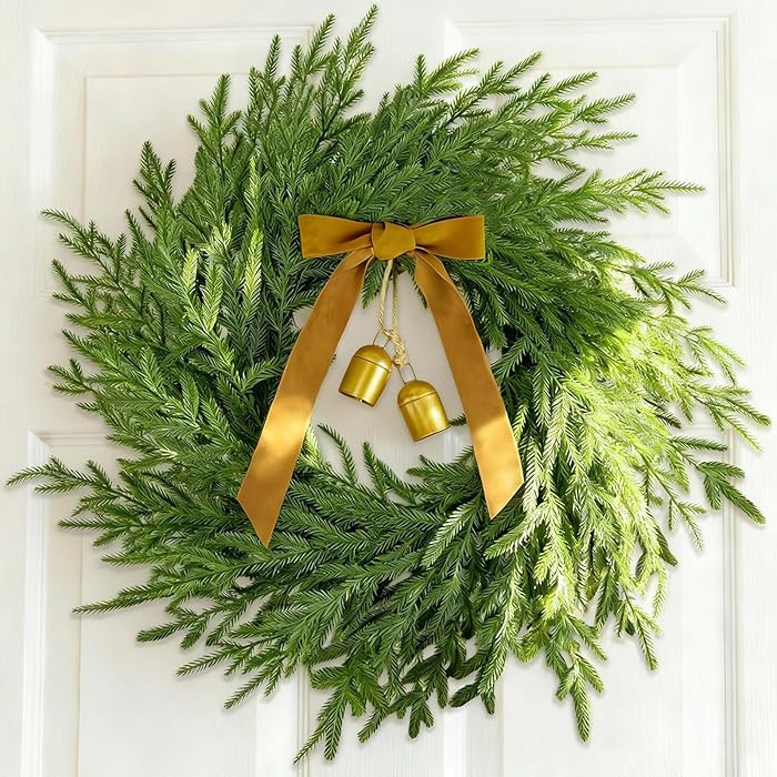 24” Christmas Wreath for Front Door, Real Touch Norfolk Christmas Wreaths with Ribbon Bow Bell ... | Amazon (US)