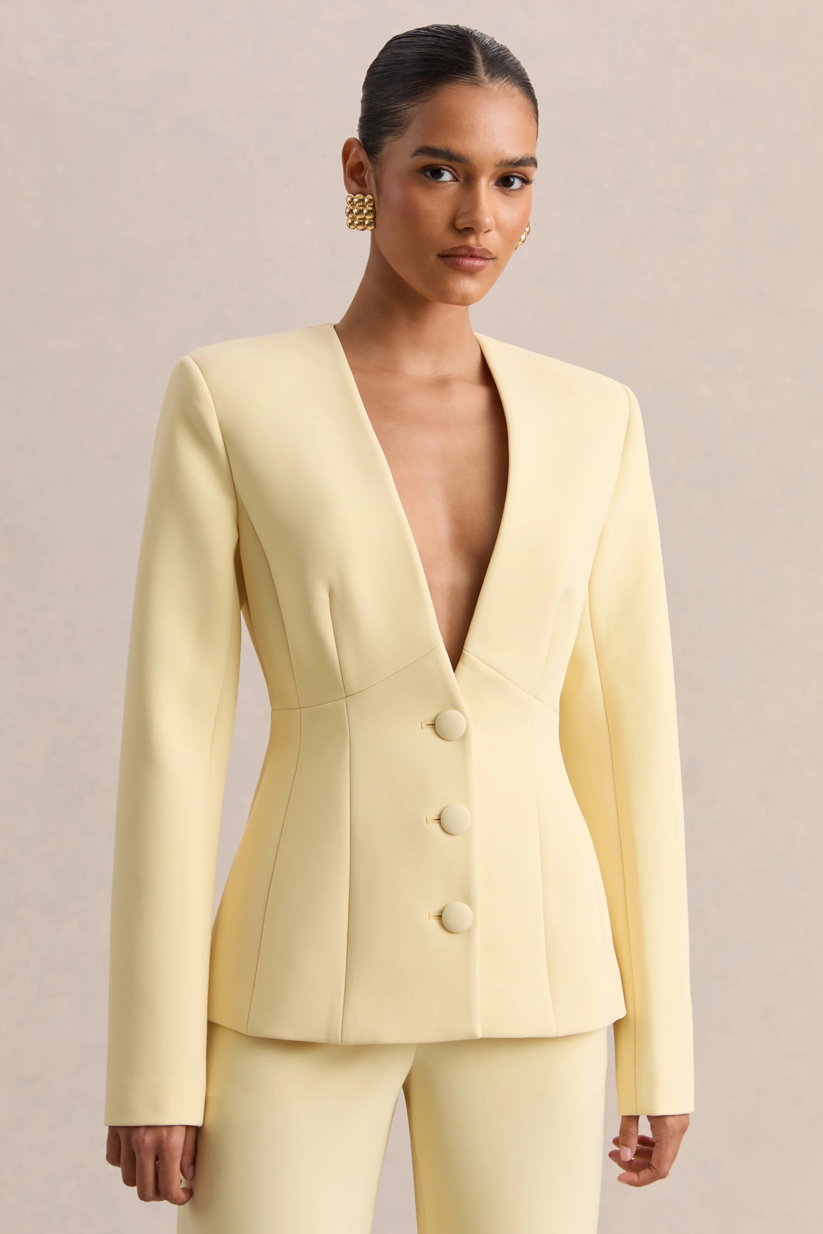 Rosalina | Lemon Extreme-Plunge Neck Tailored Blazer | Club L London