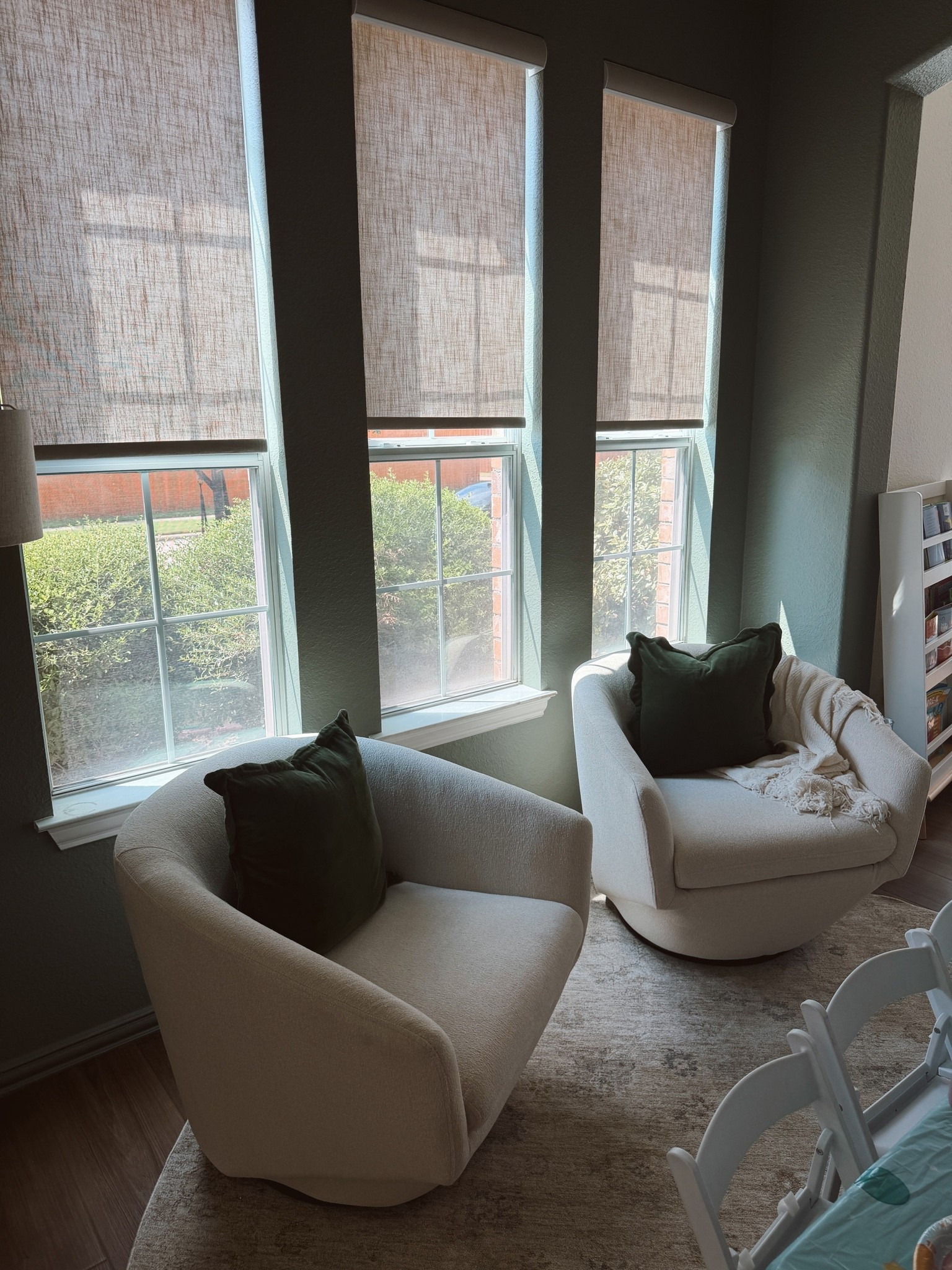 Swivel chairs with green velvet scallop pillows and a chrislovesjulia rug! Love the colors of this rug and how beautiful it is.

#LTKHome