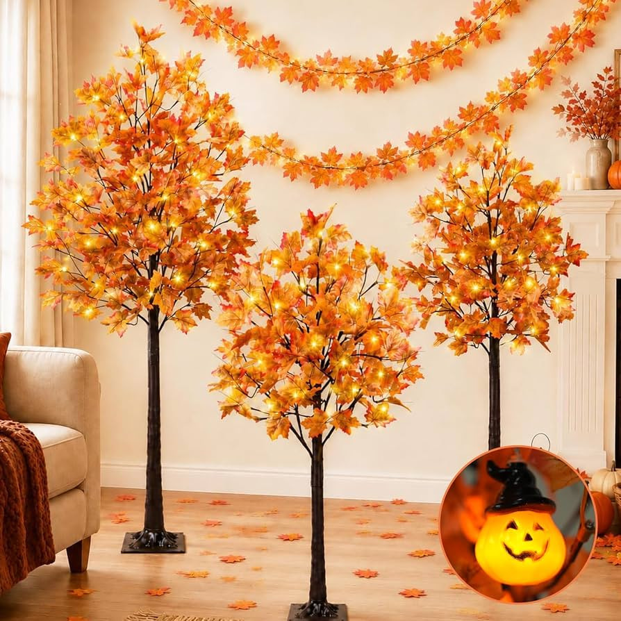 3Pcs Fall Trees Maple Tree with Lights 4Ft/5Ft/6Ft - Remote Control&Timer | Amazon (US)