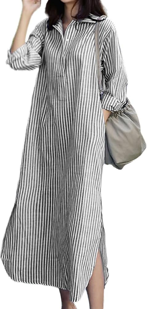 chouyatou Women Casual Long Sleeve V Neck Striped Shift Dress Loose Long Maxi Cotton Shirt Dress ... | Amazon (US)