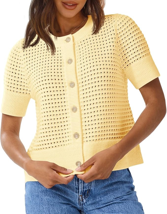 Saodimallsu Womens Crochet Short Sleeve Cardigans Button Up Crew Neck Summer Beach Knit Sweater T... | Amazon (US)