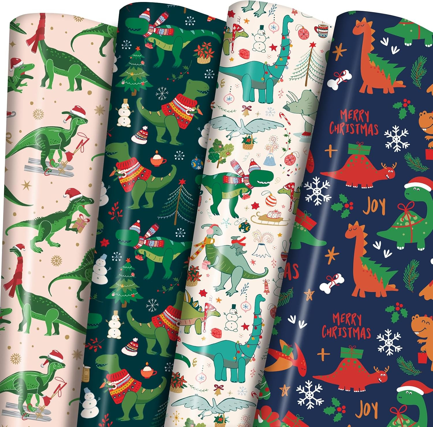 PlandRichW Dinosaurs Christmas Wrapping Paper - 6 Jumbo Xmas Sheets 28"x40" with Santa - Hat Dinosaurs, Festive Trees & Snowman Patterns - Holiday Gift Wrap for All Ages, Easy - Storage Flat Sheets | Amazon (US)