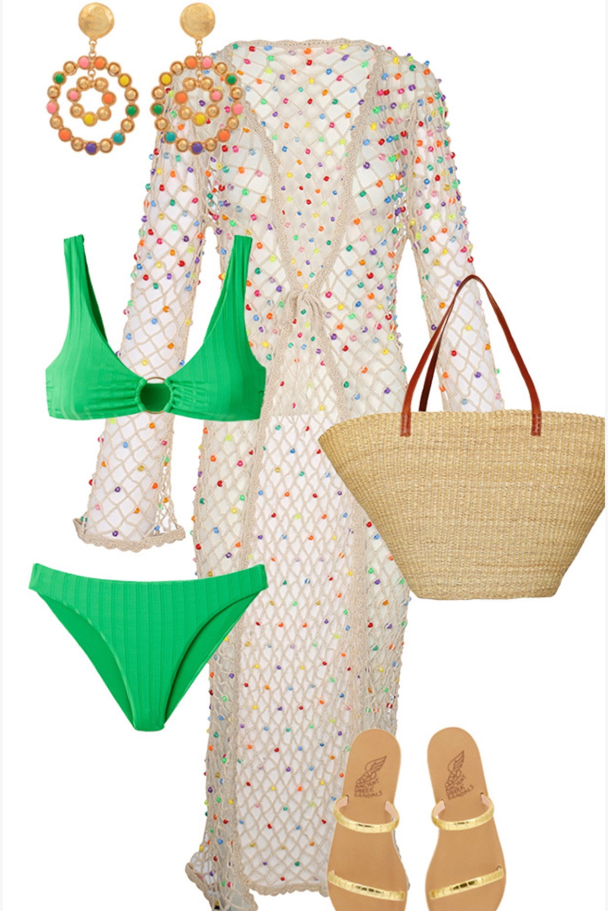 Perfect vacay look! Straw beach tote bag, green bikini, beaded crochet resort wear cover up, gold leather sandals, beaded earrings, 
#ltktravel #ltkbeach #ltksummer #ltkshoecrush 

#LTKswim #LTKSeasonal #LTKtravel