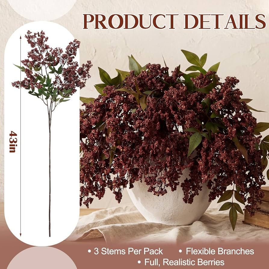 Dingion 3 Pcs 43 Inch Burgundy Berry Stem for Vase Fall Artificial Faux Sedum Berry Stems Autumn ... | Amazon (US)