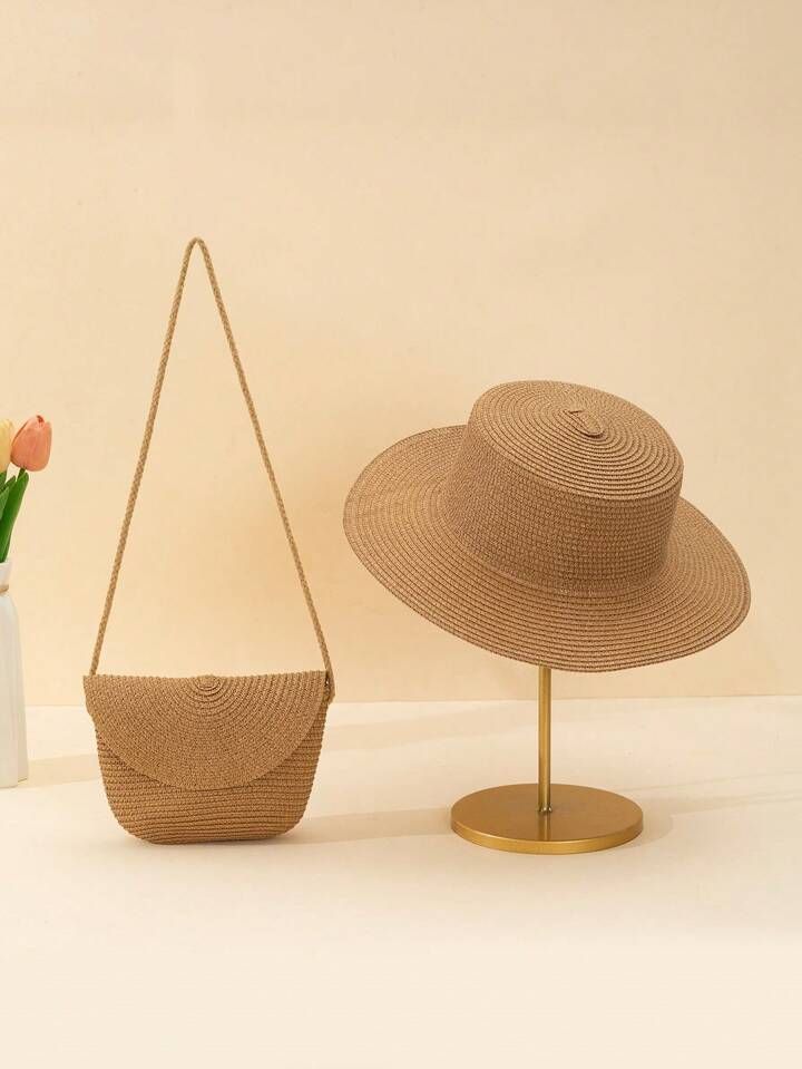 2pcs/Set Women's Fashionable Khaki Tone Sun Hat & Straw Woven Crossbody Bag With Flap Cover, Suit... | SHEIN