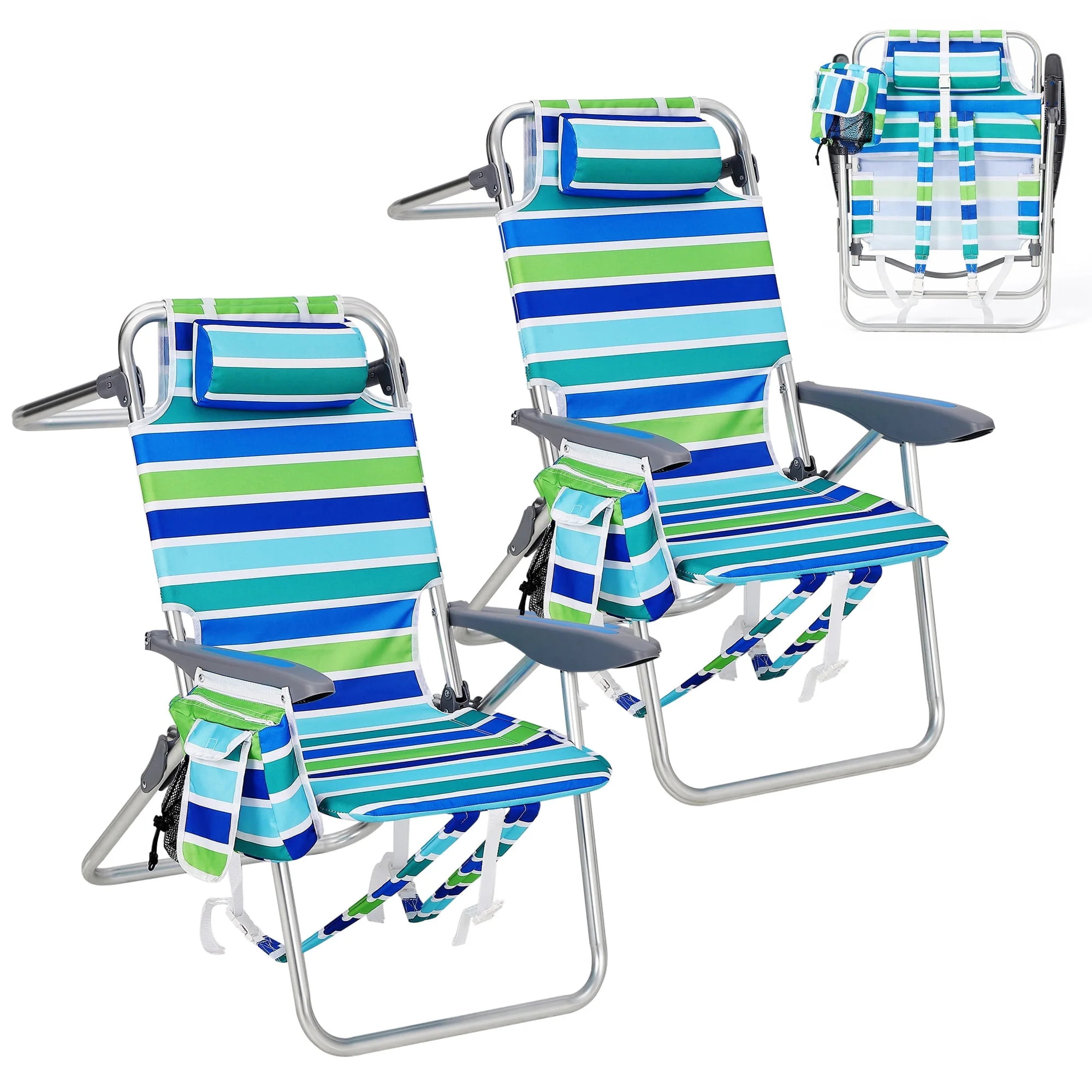 GarveeLife 2-Pack High Backpack Beach Chairs - Reclining Heavy-Duty Folding Chair 5-Position with Cooler Pouch Cup Holder and Towel Bar one_size | Lowe's