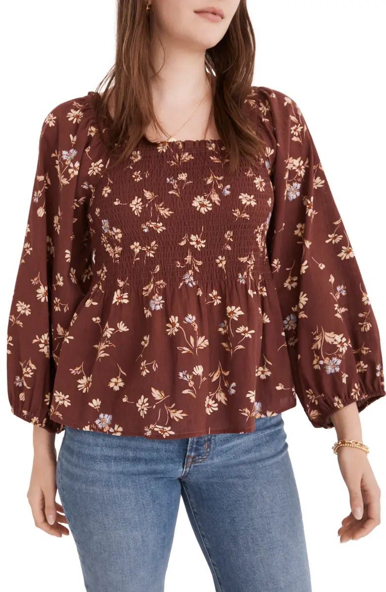 Lucie Smocked Square Neck Cotton Peplum Blouse | Nordstrom