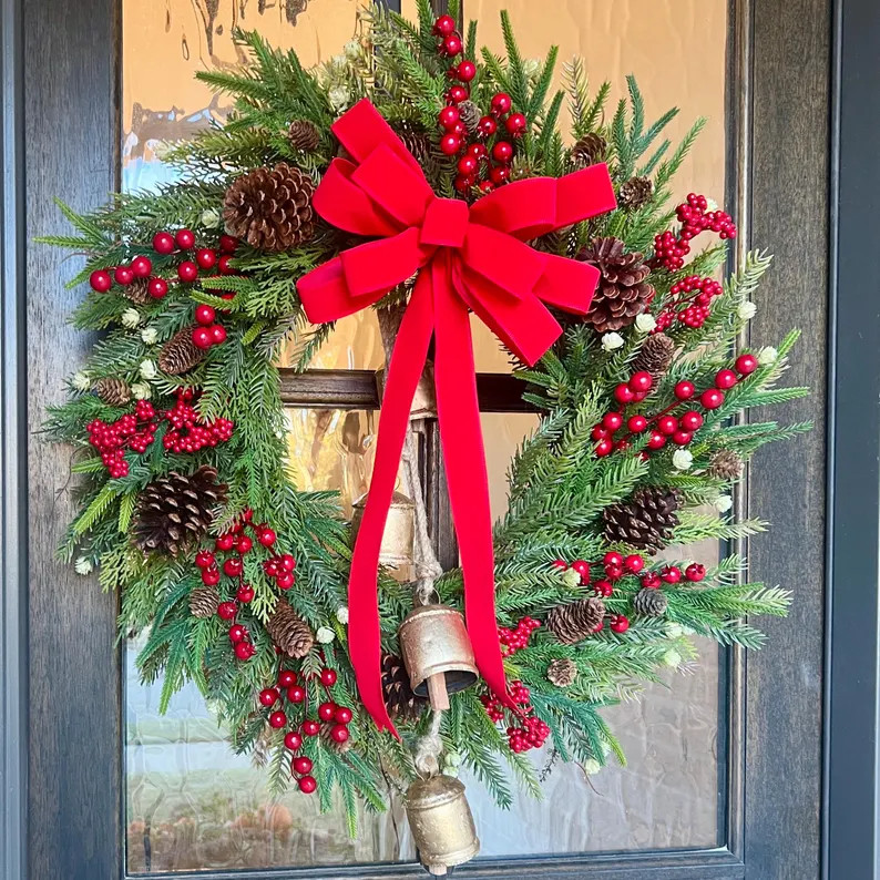 Norfolk Pine and Cedar Classic Christmas Wreath With Red Velvet Bow Gold Bells, Christmas Greener... | Etsy (US)