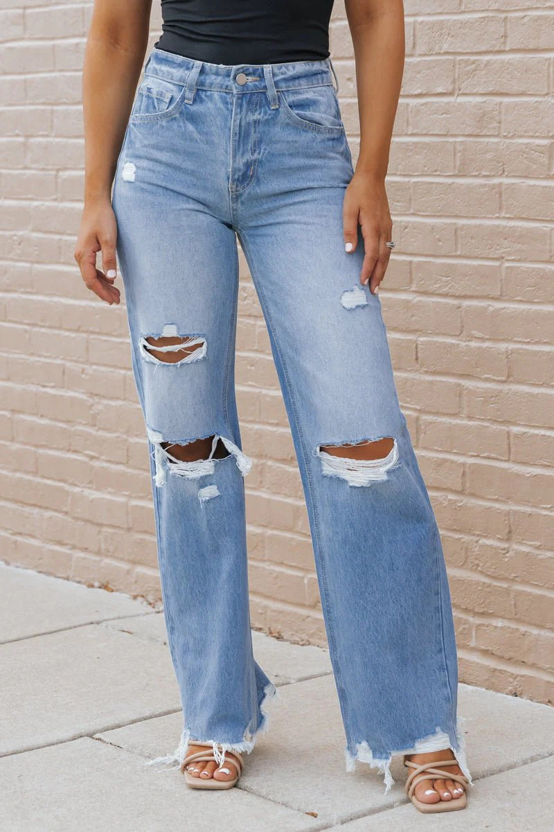 Medium Wash Destroyed Wide Leg Jeans | Magnolia Boutique