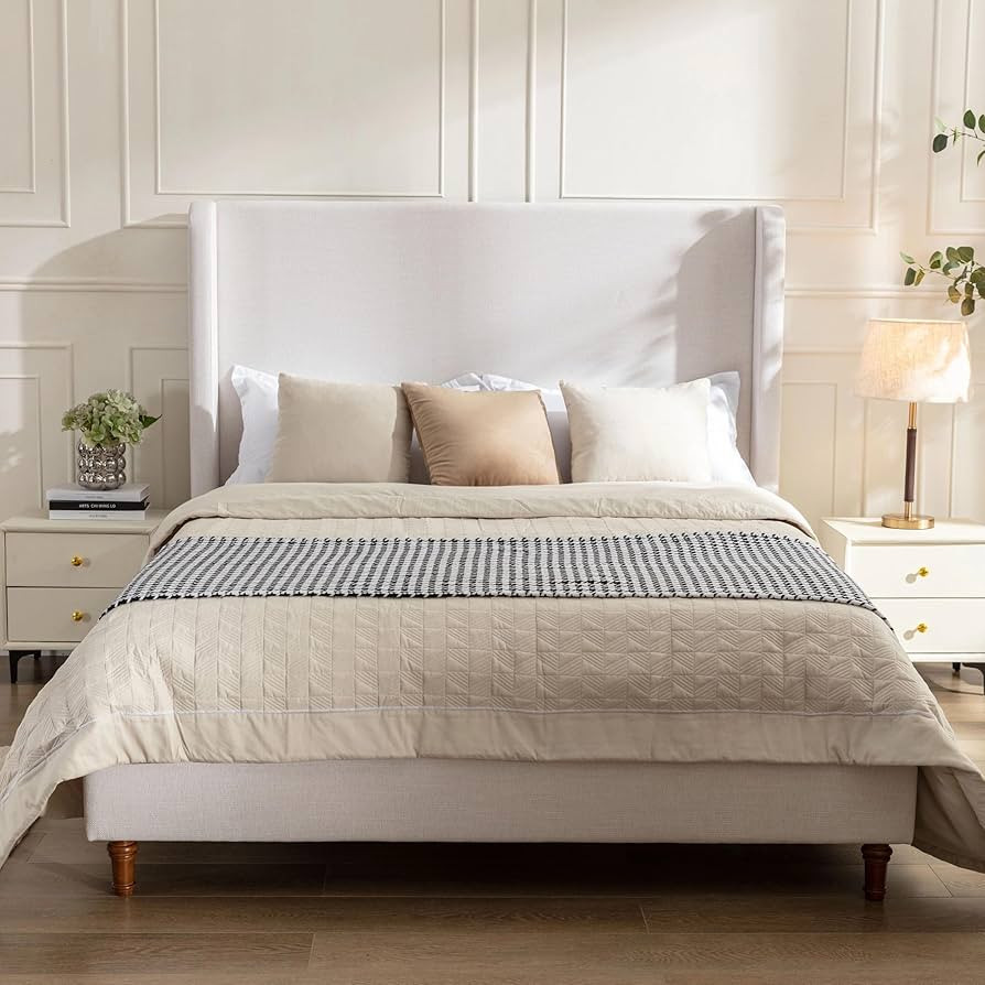 GDFStudio Tall Headboard Upholstered Bed,King Size Platform Bed Frame with Chenille Wingback Head... | Amazon (US)