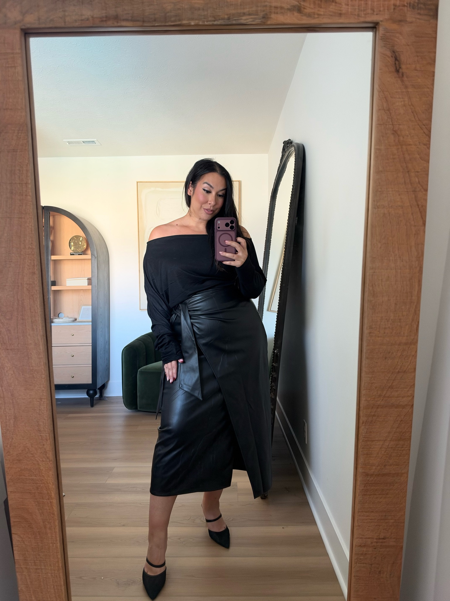 This look is so chic. This faux leather wrap skirt is so comfortable and soft belly friendly which I love and I always love a sassy off the shoulder moment! Wearing an XL in both. Midsize, midsize fashion, fall fashion, amazon 

 #LTKootd #LTKMidsize