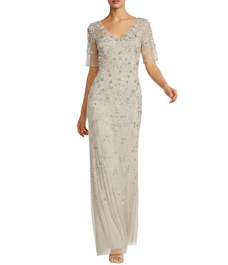 Beaded Mesh V-Neck Short Sleeve Dress | Dillard's