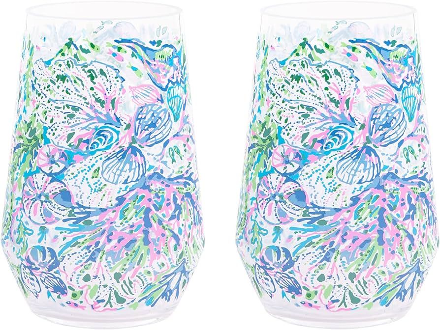 Lilly Pulitzer Stemless Wine Glass Set of 2, Large Acrylic Wine Glasses, 22 Ounce Plastic Cocktai... | Amazon (US)