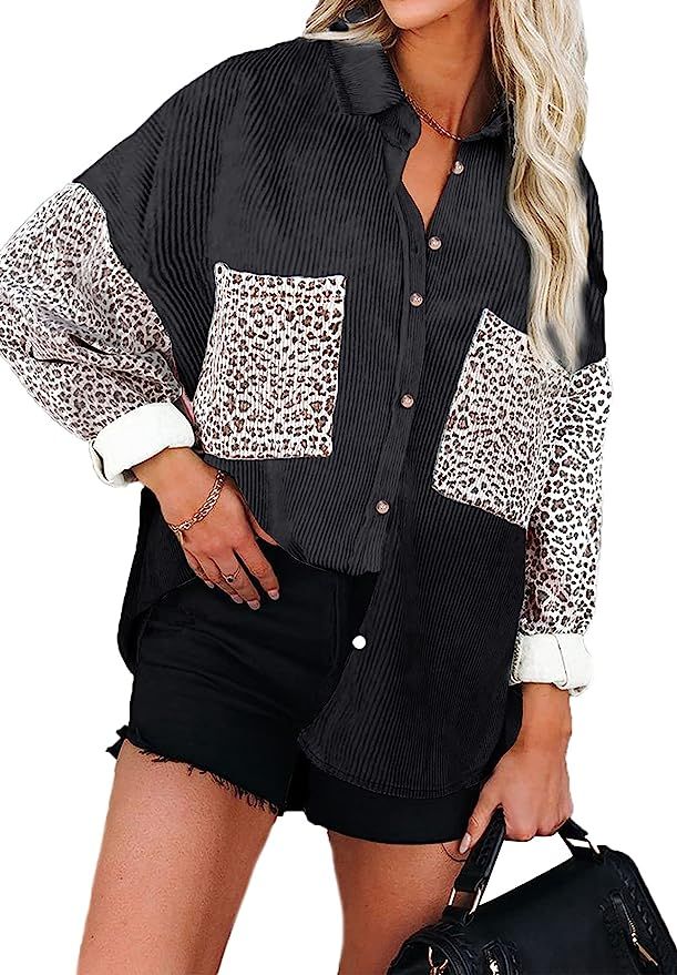 BTFBM Women V Neck Button Down Shirts Casual Long Sleeve Lapel Contrast Leopard Print Ribbed Knit... | Amazon (US)