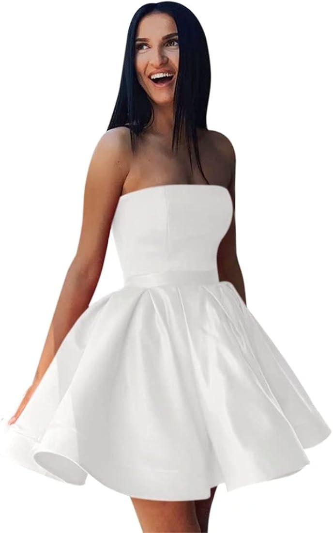 AlfaBridal Junior's Strapless Homecoming Dresses Corset Draped Short Satin Cocktail Gowns Formal ... | Amazon (US)