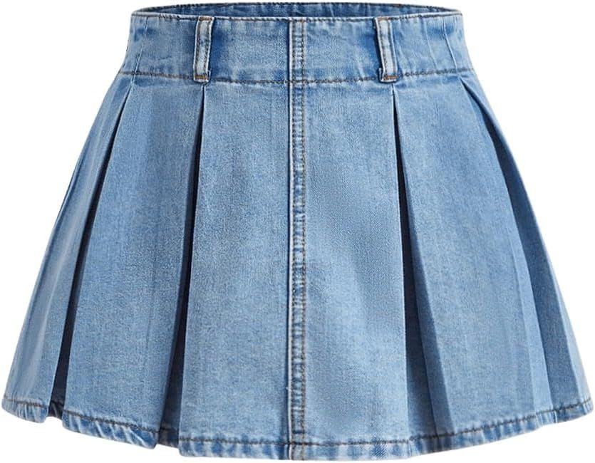 SweatyRocks Women's Casual Ruffle Pleated Denim Skirt Raw Hem Short A Line Jean Skirts | Amazon (US)