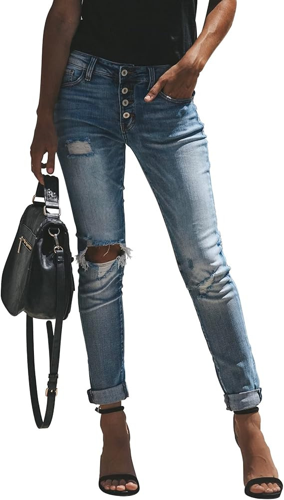 KUNMI Women's Ripped Mid Waisted Boyfriend Jeans Loose Fit Distressed Stretchy Denim Pants | Amazon (US)