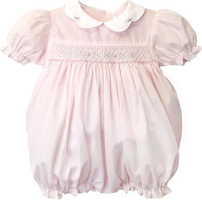 Baby Girls’ Hand Embroidered Smocked Bubble Romper, Pink | Amazon (US)
