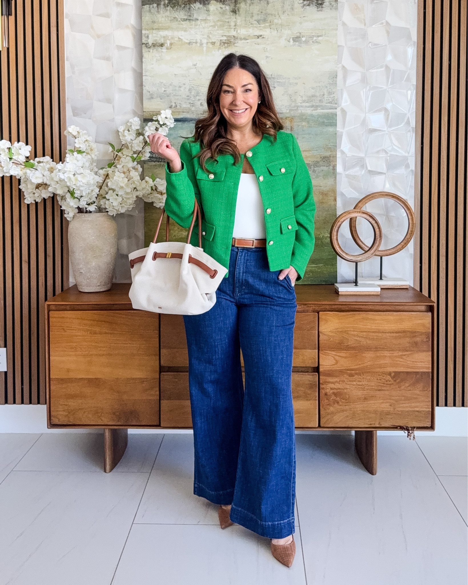 Spring workwear outfit with Amazon green lady jacket and denim trousers great for business casual days! 

-Wearing large in jacket, XL in tank, 31 in jeans 

#springoutfit #springworkwear #springjacket  

 #LTKOver40 #LTKMidsize #LTKWorkwear