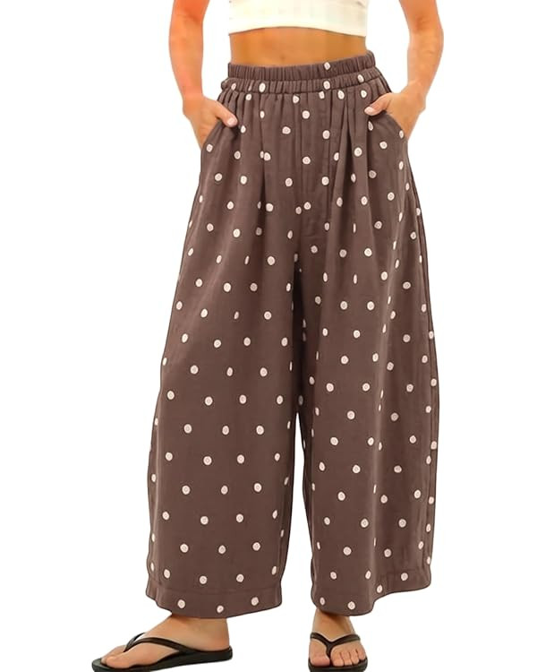Polka Dot Pants for Women Summer Boho Beach Elastic Waist Palazzo Wide Barrel Leg Pants with Pock... | Amazon (US)