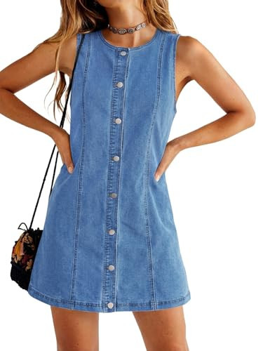 Yousify Womens Sleeveless Denim Overalls Dresses Summer Button Down A Line Jean Mini Romper Dress with Pockets | Amazon (US)