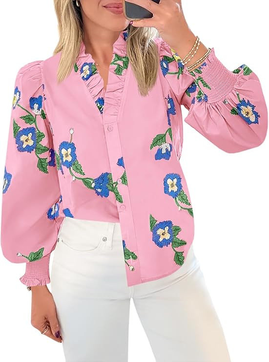 Tankaneo Womens Floral Ruffle Blouses Dressy Casual Long Puff Sleeve Boho Tops V Neck Button Down... | Amazon (US)