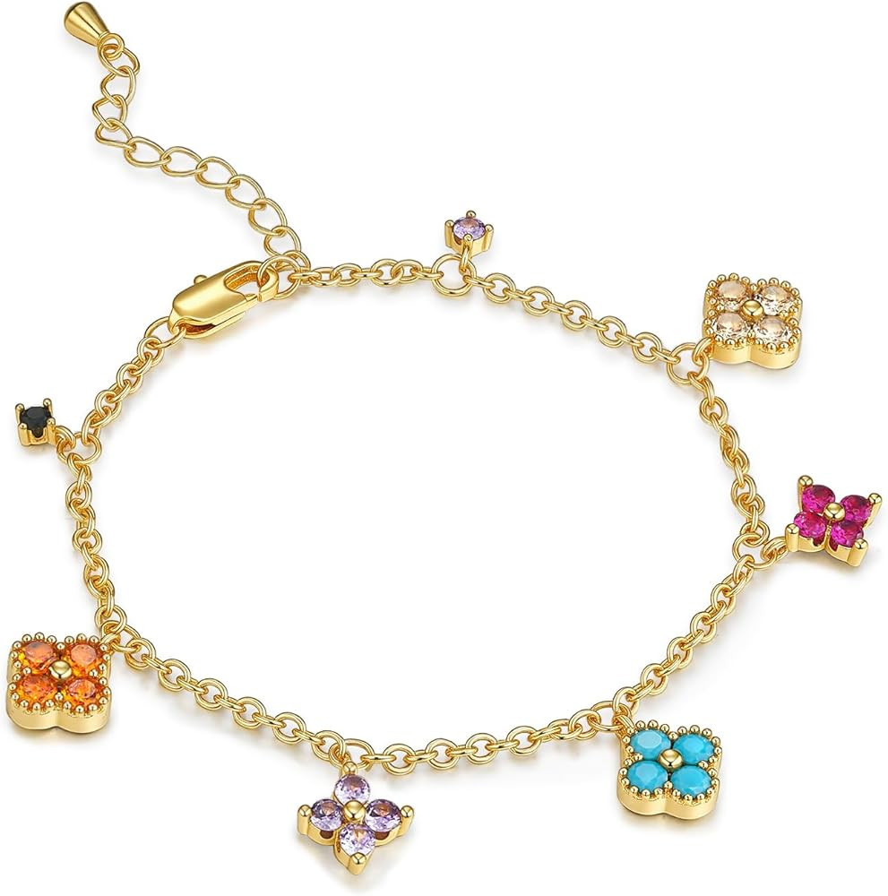 Gold Colorful CZ Gemstone Floral Statement FULLY ADJUSTABLE Dangle Charms Tennis Bracelet for Wom... | Amazon (US)