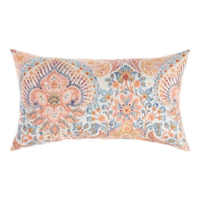 Coral And Blue Surf Damask Outdoor Lumbar Pillow | World Market