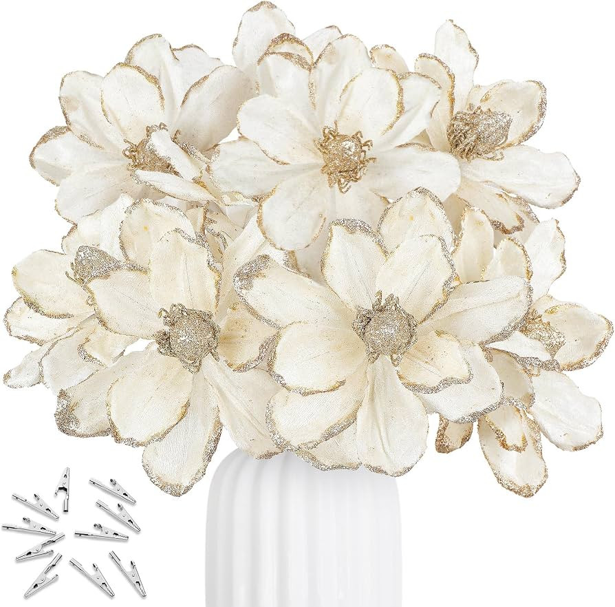 XunYee 10 Pcs Christmas Glitter Flowers 6'' Magnolia Flowers Christmas Tree Decorations White Poi... | Amazon (US)