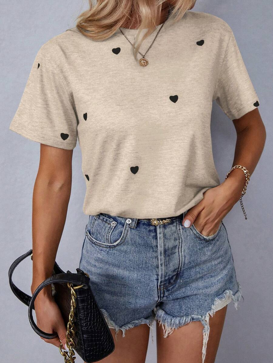 SHEIN LUNE Heart Print Round Neck Casual T-Shirt Graphic Tees Women Tops | SHEIN