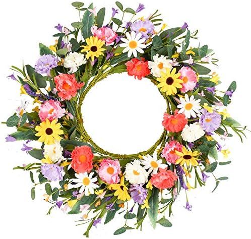 Artificial Flower Wreath,20” Purple Yellow White Pink Floral Wreath Spring and Summer Wreath Front D | Amazon (US)