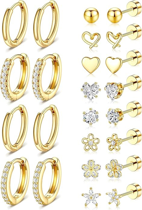 Hypoallergenic Gold Stud Earrings for Women - 14k Gold Plated Surgical Stainless Steel Flat back ... | Amazon (US)