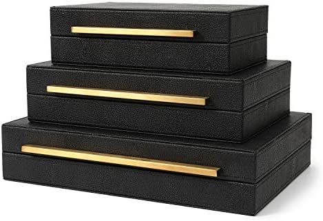 Kingflux Faux Black Shagreen Leather Set of 3 Pcs Decorative Boxes, Storage Boxes Jewelry Organiz... | Amazon (US)