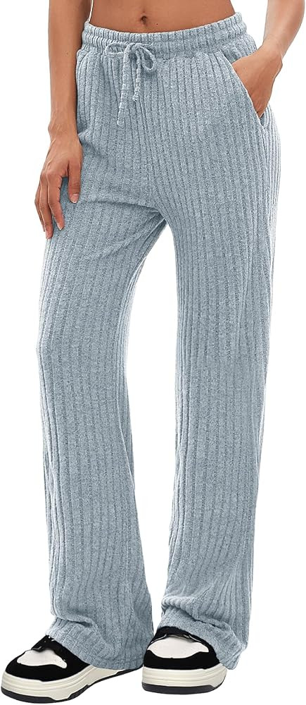 Darong Womens Ribbed Kint Wide Leg Lounge Pants Fall Comfy Drawstring Loose Trousers with Pockets | Amazon (US)