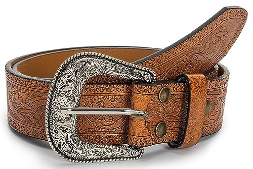 FGSS Women Classic-Leather-Belts - Vintage-Western-Cowboy Embossed-Belts with Retro-Engraved-Buckle for Jeans Pants | Amazon (US)