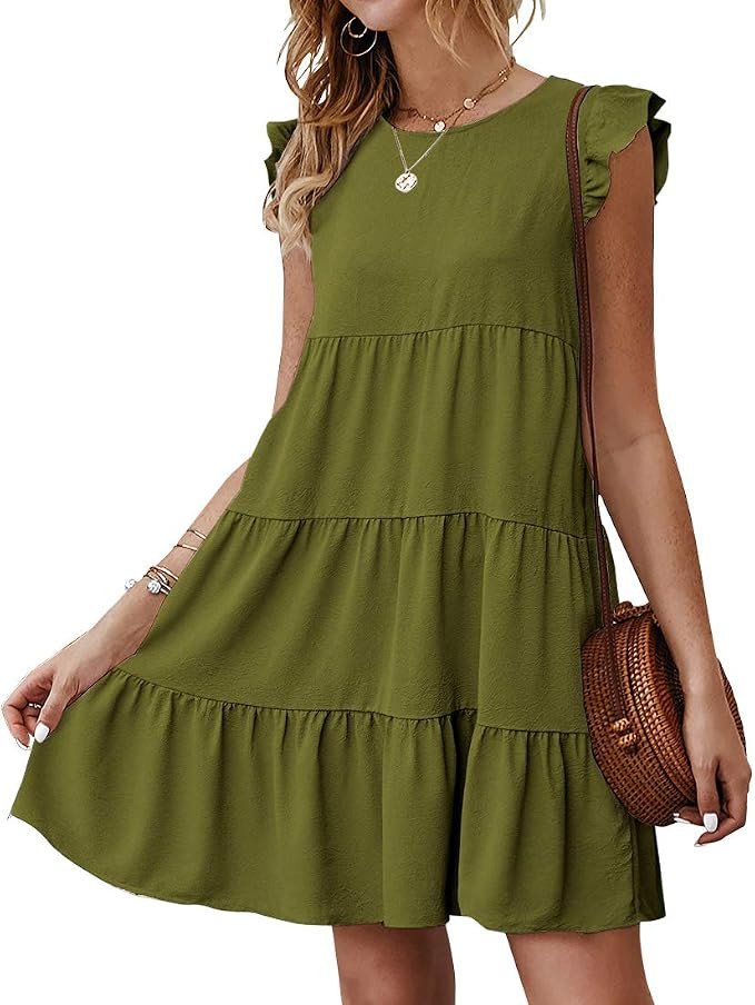 KIRUNDO Women’s Summer Dress Sleeveless Ruffle Sleeve Round Neck Mini Dress Solid Color Loose F... | Amazon (US)