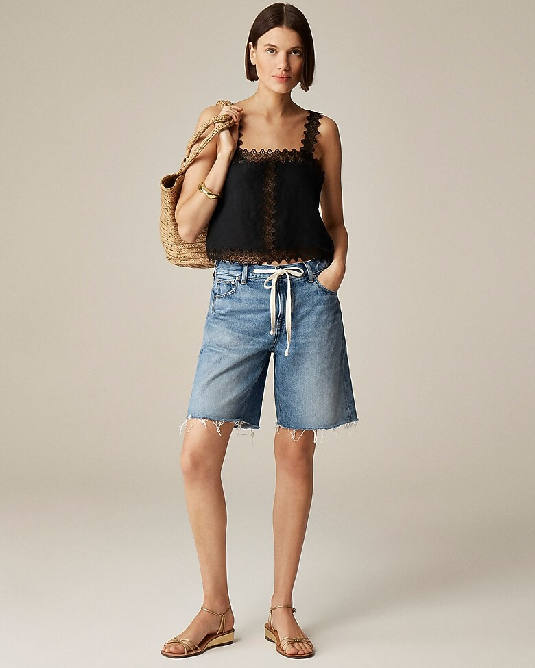 Lace-trim squareneck tank top in linen | J. Crew US