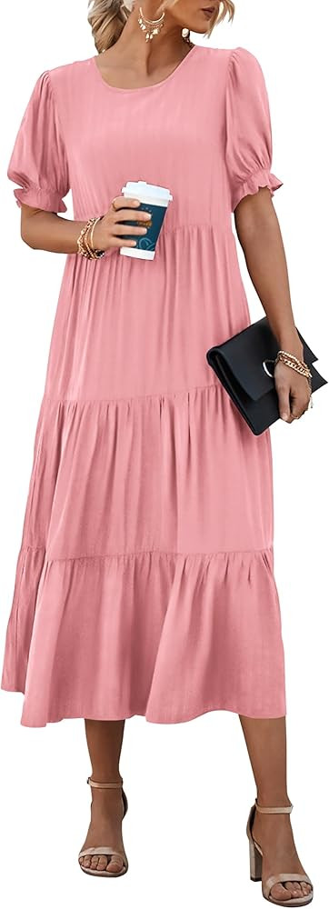 PRETTYGARDEN Women's Summer Casual Boho Dress Floral Print Ruffle Puff Sleeve High Waist Midi Bea... | Amazon (US)