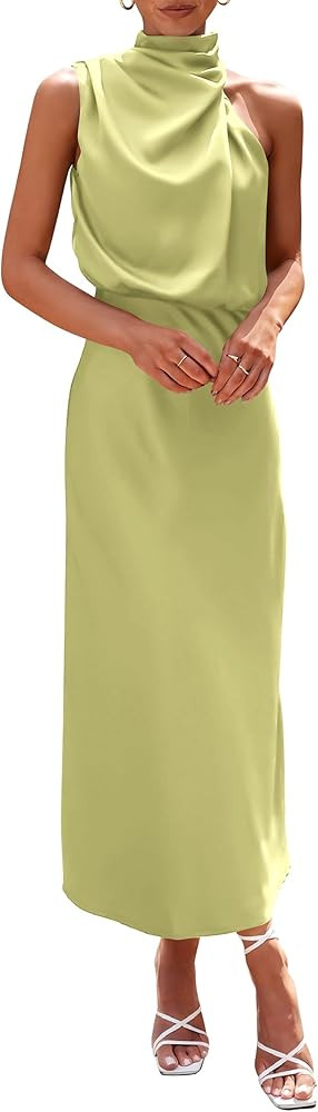 PRETTYGARDEN Women's 2026 Summer Satin Dress Elegant Sleeveless Mock Neck Cocktail Party Maxi Dre... | Amazon (US)